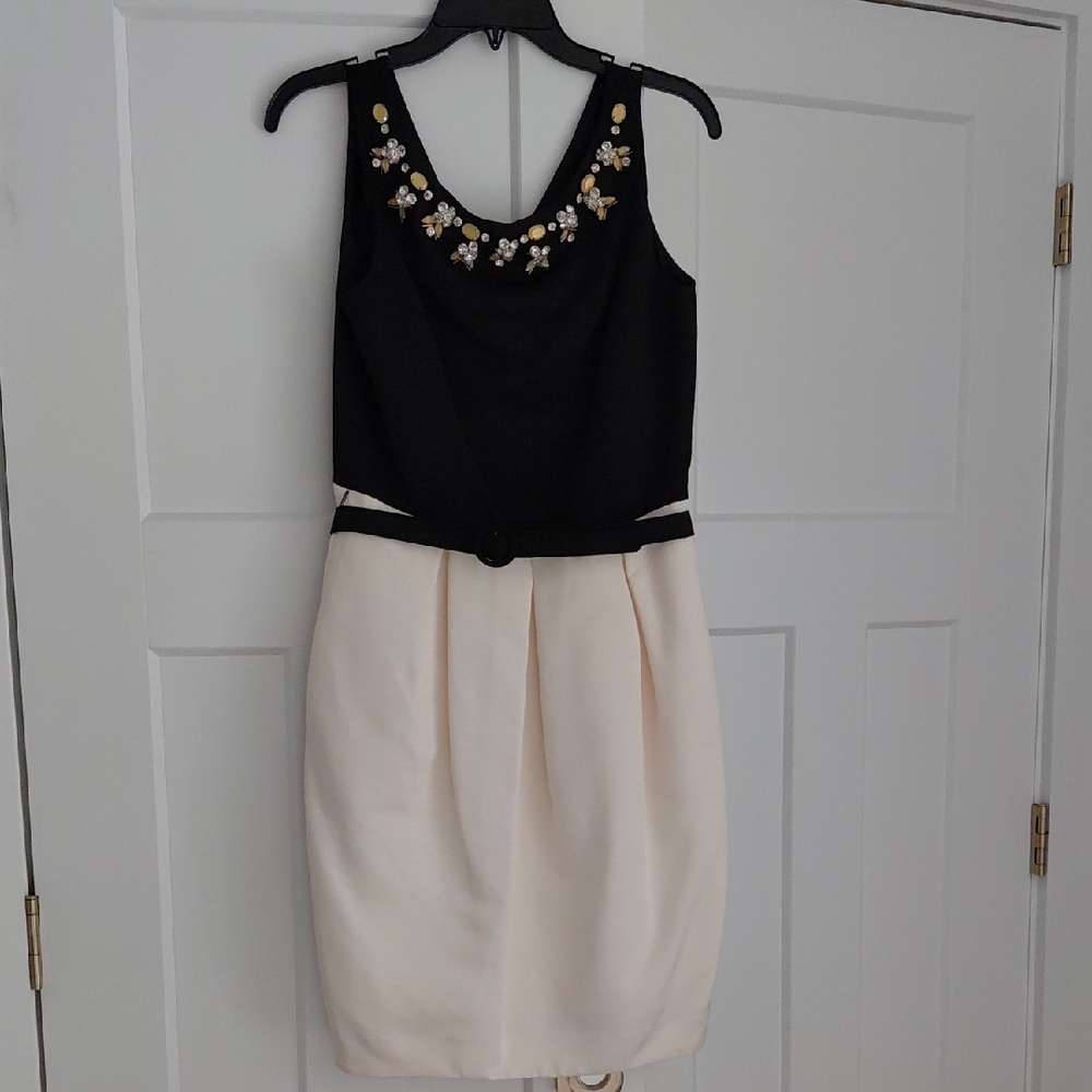 Eliza J Black Top with Cream Skirt Embellished Midi Dress